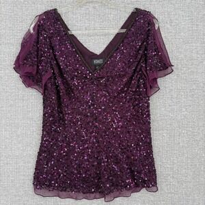 Adrianna Papell Sequin Flutter Sleeve Top Women L Purple Bead Goth Gairy Regency